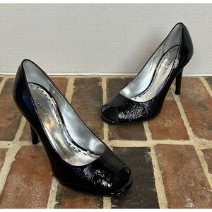 Gianni Bini Black Patent Leather Pumps‎ Peep Toe Pebbled Leather High Heels Sz 7